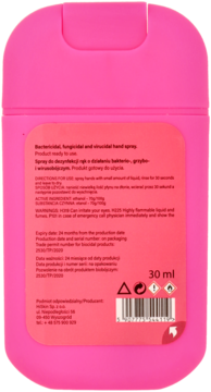 Różowy antybakteryjny spray do rąk 30ml, widok tyłu z etykietą i instrukcją użycia.
