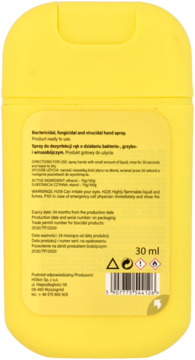 Tył żółtego sprayu do dezynfekcji rąk 30ml, etykieta z opisem działania bakterio-, grzybo- i wirusobójczego.