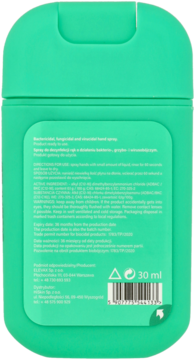 Tył zielonego sprayu do dezynfekcji rąk, 30 ml, z etykietą o działaniu wirusobójczym.