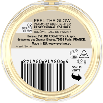 Spód okrągłego, złotego rozświetlacza Eveline Cosmetics Diamond Highlighter 02 Beach Glow, z etykietą i kodem.