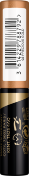 Tył złotego opakowania Max Factor Eyefinity All Day Eyeshadow 02 Precious Gold, z kodem i danymi.