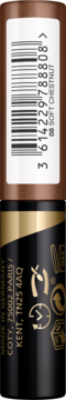 Tył brązowo-czarnego opakowania Max Factor Eyefinity All Day Eyeshadow 08 Soft Chestnut z kodem kreskowym i tekstem.