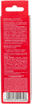Czerwone opakowanie OH MY LIPS LIP MAXIMIZER, tył z opisem błyszczyka powiększającego i kodem kreskowym.