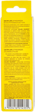 Tył żółtego opakowania Oh My Lips Lip Maximizer Volumizing Lip Gloss, z opisem składników i kodem kreskowym.