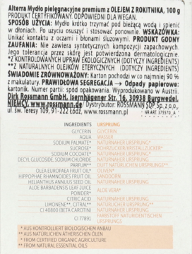 Tył opakowania mydła Alterra z olejem z rokitnika, z widoczną listą składników i certyfikatami.