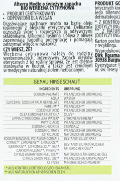 Tył opakowania mydła Alterra Bio Werbena Cytrynowa, z widocznym zielonym nagłówkiem i listą składników.