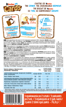 Tył opakowania Kinder Cards. Widoczna szczegółowa tabela wartości odżywczych i lista składników w wielu językach.