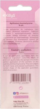 Różowy tył opakowania aplikatorów do cieni KillyS, z polskim i angielskim opisem, kodem kreskowym i adresem producenta.