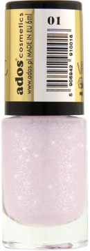 Ados Crystalic lakier do paznokci, jasnoróżowy brokatowy, w przezroczystej butelce 6ml, widok z przodu.