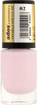 Ados Crystalic 02, jasnoróżowy lakier do paznokci z drobinkami brokatu, w butelce ze złotą nakrętką, widok z przodu.