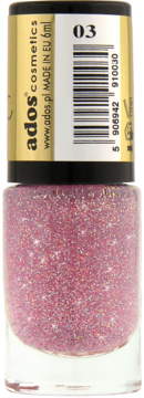 Ados Crystalic lakier brokatowy nr 03, jasnoróżowy z opalizującymi drobinkami, w butelce ze złotą zakrętką, widok z przodu.