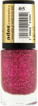 Brokatowy lakier do paznokci Ados Crystalic, różowy z brokatem, butelka 6ml, nr 05, widok z przodu.