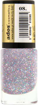 Ados brokatowy lakier do paznokci Crystalic nr 08, holograficzny srebrno-fioletowy brokat, zbliżenie na buteleczkę.