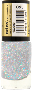 Ados Crystalic brokatowy lakier do paznokci nr 09, srebrny z hologramowym brokatem, butelka z bliska.