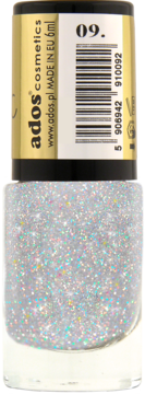 Lakier do paznokci Ados Crystalic #09, srebrny brokat z krystalicznym połyskiem, butelka widziana frontalnie.