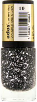 Ados Crystalic lakier do paznokci, czarny ze srebrnym brokatem, butelka 6ml z numerem 10, widok na wprost.