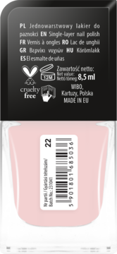 Tył jasnoróżowego lakieru do paznokci WIBO: etykieta z opisem "single-layer" i symbolem cruelty-free, 8.5 ml.