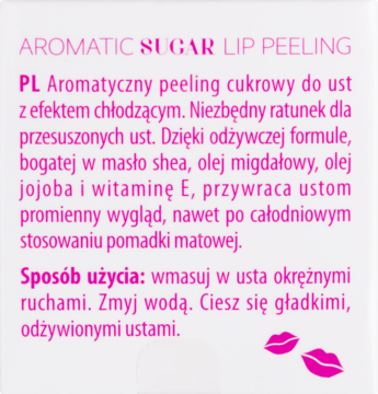 Biała etykieta peelingu cukrowego Wibo Aromatic Sugar z tekstem, opis produktu i składu.
