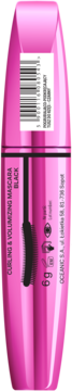 Różowa maskara Curling & Volumizing Black w tubce 6g, widok z boku, etykieta i czarna szczoteczka.