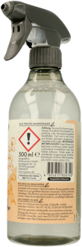 Tył butelki płynu do czyszczenia łazienki, przezroczysta z szarą pompką i niemiecką etykietą 500 ml.