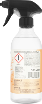 Tył butelki ekologicznego płynu do czyszczenia łazienki, 500ml, z czarnym rozpylaczem i etykietą ostrzegawczą.