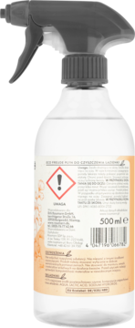 Tył butelki płynu do czyszczenia łazienki z atomizerem, widoczna etykieta z ostrzeżeniami, składem i 500ml.