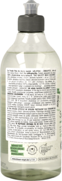 Tył butelki płynu do naczyń Grejpfrut i Eukaliptus, widok etykiety ze 100% naturalnymi składnikami.