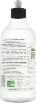 Tył przezroczystej butelki płynu do naczyń Grejpfrut i Eukaliptus, z białą etykietą, QR kodem i opisem składników.