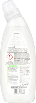 Tył białej, 750ml butelki środka do czyszczenia WC, z etykietą pokazującą skład i ostrzeżenia.