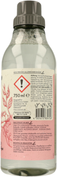Tył przezroczystej butelki uniwersalnego środka czyszczącego Lemon Rose 750ml, 99.9% naturalny skład, etykieta.
