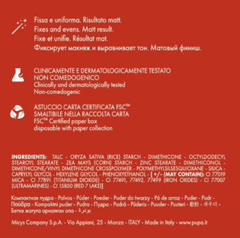 Tylna strona czerwonego opakowania matującego pudru Like a Doll, widoczna lista składników.