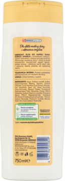 Tył białej butelki Isana kremowy płyn do kąpieli Kokos i Wanilia 750ml, z widoczną etykietą i składem.
