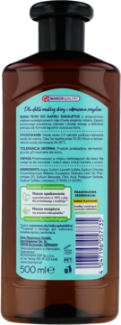 Tył brązowej butelki Isana Płyn do Kąpieli Eukaliptus z etykietą, info o składnikach, butelka z recyklingu.
