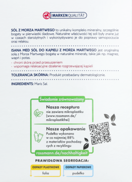 Biała etykieta soli do kąpieli ISANA MED z Morza Martwego; tekst o składzie mineralnym, benefits, recykling.