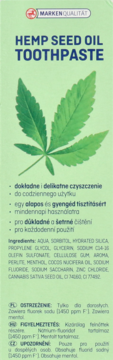 Jasnozielone opakowanie pasty do zębów Hemp Seed Oil Toothpaste z zielonym liściem konopi, widok z przodu.