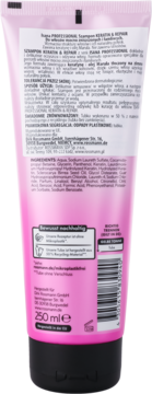 Tył różowego szamponu Isana Professional Keratin & Repair 250 ml, z polskim opisem dla włosów zniszczonych.