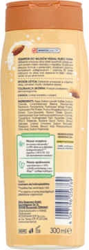 Tył opakowania ISANA Szampon do włosów Migdał Mleko. Widoczne szczegóły etykiety, składniki, 300 ml.
