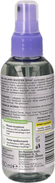 ISANA VOLUME BOOSTER Spray, tył opakowania. Przezroczysta butelka z fioletowym atomizerem i etykietą z polskim tekstem.