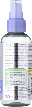 Tył sprayu ISANA VOLUME BOOSTER 150ml, fioletowa pompka, etykieta ze składnikami i info o ekologicznym opakowaniu.