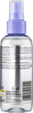 Tył butelki Isana Volume Booster Spray zwiększający objętość włosów, z fioletowym atomizerem, widoczny skład.