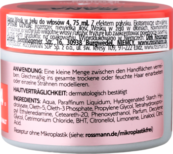 Tył wosku w żelu do włosów z efektem połysku, białe opakowanie z czerwoną etykietą i listą składników.
