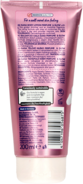 Tył różowej tuby Isana Body Lotion Perfume & Glow 200ml z opisami, kodem kreskowym i ikonami ekologicznymi.
