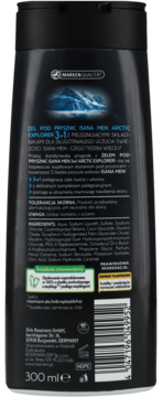 Tył czarnego żelu pod prysznic Isana Men Arctic Explorer 3w1 z listą składników i kodem kreskowym, 300 ml.
