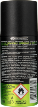 Tył czarnego dezodorantu Isana Men Body Contact 50ml, z zielonym dołem, polskimi opisami i symbolami ostrzegawczymi.