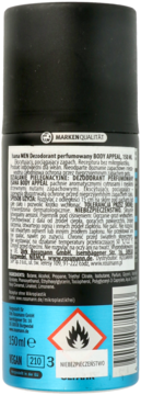 Tył czarno-niebieskiej puszki dezodorantu Isana Men Body Appeal 150ml z pełną etykietą i symbolem zagrożenia.