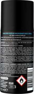 Tył dezodorantu Isana Men Parfum Body Appeal 50ml, czarny aerozol z opisem, składem i symbolem zagrożenia.