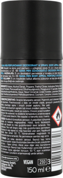 Tył czarnego dezodorantu Isana Men Body Appeal 150ml, z widocznym składem, instrukcją i ikoną wegańską.