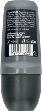 Tył szarego antyperspirantu w kulce Isana Men Active Cool, 50 ml, z listą składników, kodem kreskowym i napisem VEGAN.