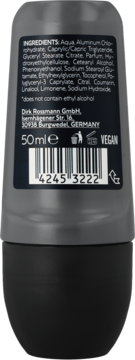 Tył ciemnoszarego antyperspirantu w kulce Isana Men Active Cool 50ml, z listą składników i napisem VEGAN.