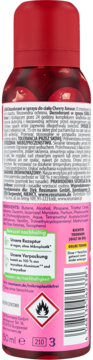 Tył dezodorantu w sprayu Cherry Amour 150ml. Różowa etykieta ze składnikami, kodem kreskowym i symbolem zagrożenia.